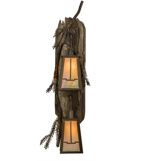 Meyda Lighting Pine Branch 9" 2-Light Antique Copper Valley View Wall Sconce With Beige Iridescent Shade Glass