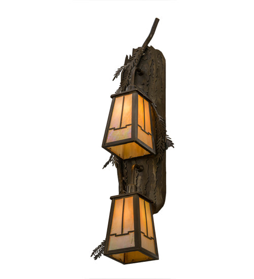 Meyda Lighting Pine Branch 9" 2-Light Antique Copper Valley View Wall Sconce With Beige Iridescent Shade Glass