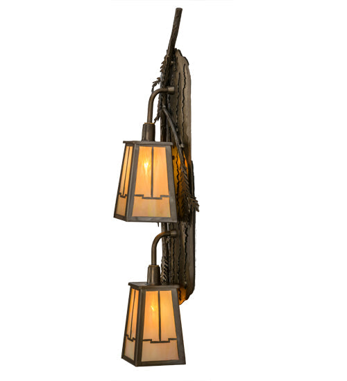 Meyda Lighting Pine Branch 9" 2-Light Antique Copper Valley View Wall Sconce With Beige Iridescent Shade Glass