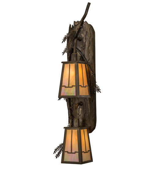 Meyda Lighting Pine Branch 9" 2-Light Antique Copper Valley View Wall Sconce With Beige Iridescent Shade Glass