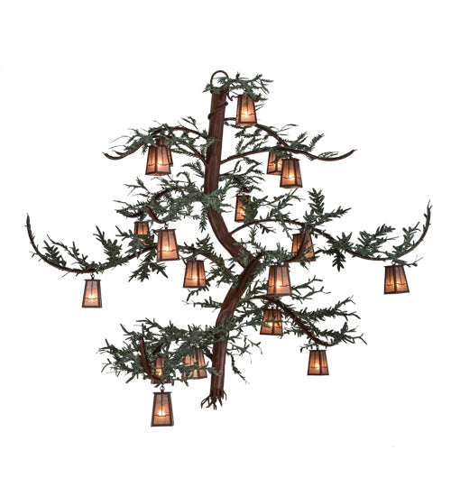 Meyda Lighting Pine Branch 91" 18-Light Rust & Green Branches Valley View Chandelier With Silver Mica Shade Glass