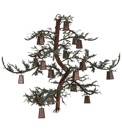 Meyda Lighting Pine Branch 91" 18-Light Rust & Green Branches Valley View Chandelier With Silver Mica Shade Glass