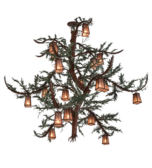 Meyda Lighting Pine Branch 91" 18-Light Rust & Green Branches Valley View Chandelier With Silver Mica Shade Glass