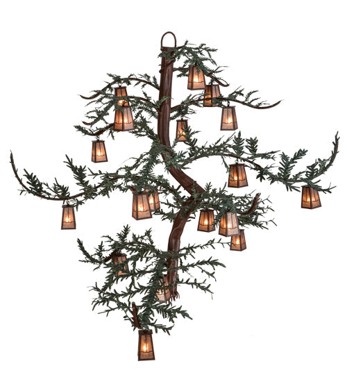 Meyda Lighting Pine Branch 91" 18-Light Rust & Green Branches Valley View Chandelier With Silver Mica Shade Glass