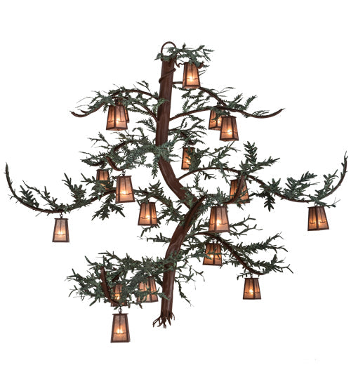 Meyda Lighting Pine Branch 91" 18-Light Rust & Green Branches Valley View Chandelier With Silver Mica Shade Glass