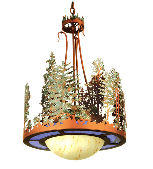 Meyda Lighting Pine Lake 18" 3-Light Rust & Green Trees Cedar Inverted Pendant Light With Blue Art Glass & Travertine Idalight Shade