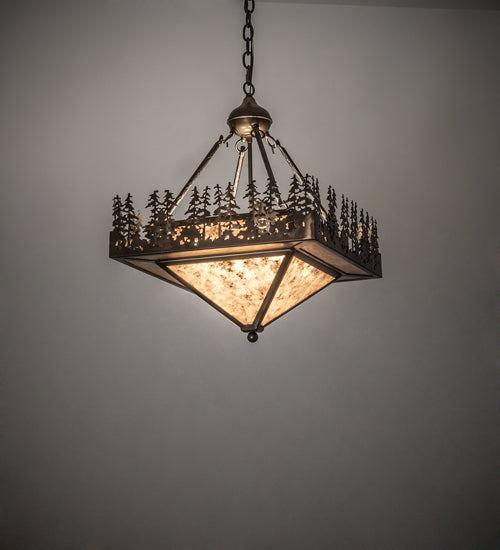 Meyda Lighting Pine Lake 19"Sq 4-Light Antique Copper Inverted Pendant Light With Silver Mica Shade Glass