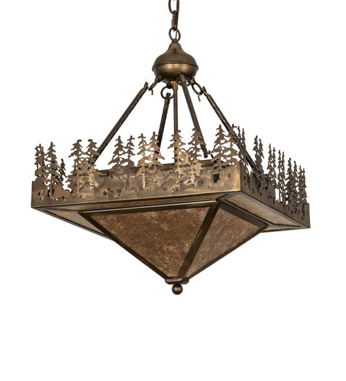 Meyda Lighting Pine Lake 19"Sq 4-Light Antique Copper Inverted Pendant Light With Silver Mica Shade Glass