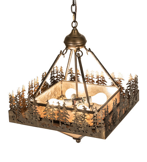 Meyda Lighting Pine Lake 19"Sq 4-Light Antique Copper Inverted Pendant Light With Silver Mica Shade Glass