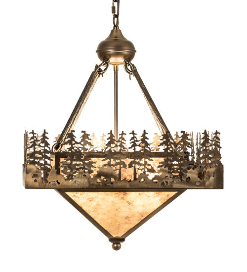 Meyda Lighting Pine Lake 19"Sq 4-Light Antique Copper Inverted Pendant Light With Silver Mica Shade Glass