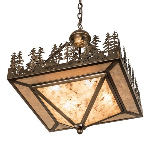 Meyda Lighting Pine Lake 19"Sq 4-Light Antique Copper Inverted Pendant Light With Silver Mica Shade Glass