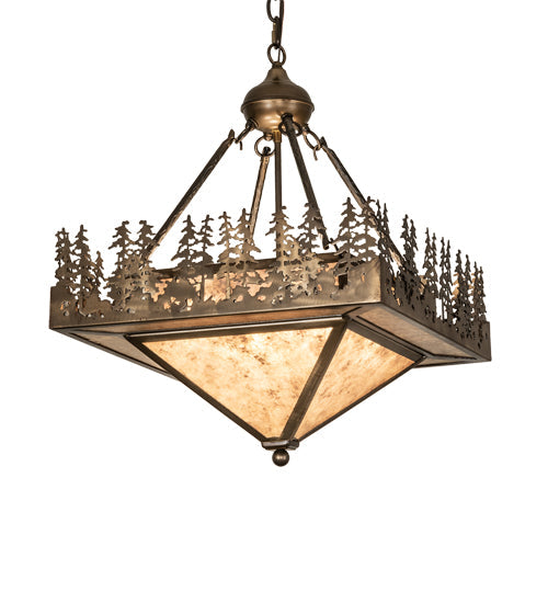 Meyda Lighting Pine Lake 19"Sq 4-Light Antique Copper Inverted Pendant Light With Silver Mica Shade Glass