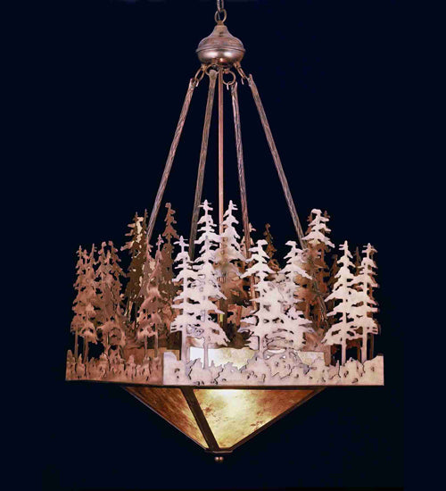 Meyda Lighting Pine Lake 20"Sq 4-Light Antique Copper Inverted Pendant Light With Silver Mica Shade Glass