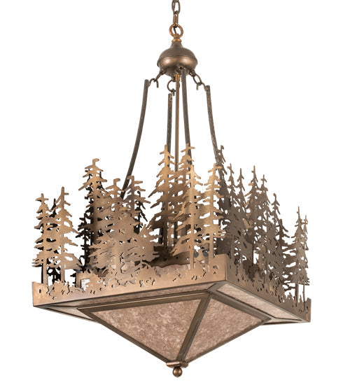 Meyda Lighting Pine Lake 20"Sq 4-Light Antique Copper Inverted Pendant Light With Silver Mica Shade Glass