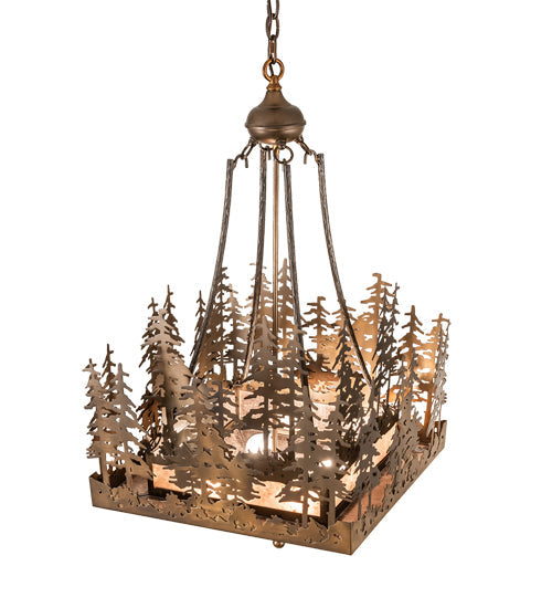 Meyda Lighting Pine Lake 20"Sq 4-Light Antique Copper Inverted Pendant Light With Silver Mica Shade Glass