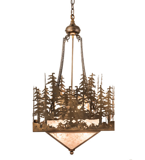 Meyda Lighting Pine Lake 20"Sq 4-Light Antique Copper Inverted Pendant Light With Silver Mica Shade Glass