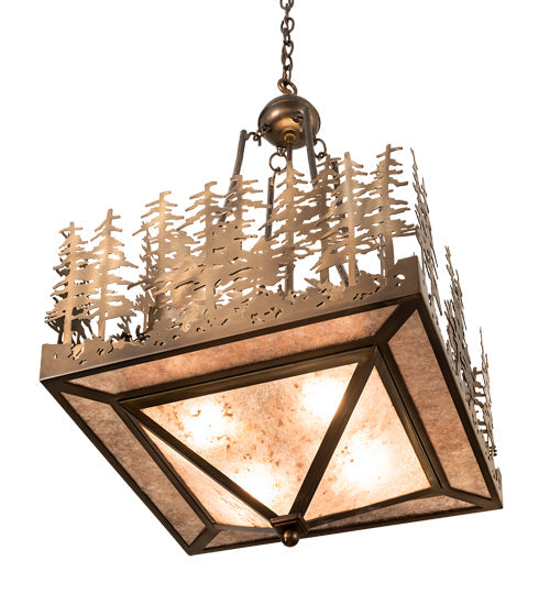 Meyda Lighting Pine Lake 20"Sq 4-Light Antique Copper Inverted Pendant Light With Silver Mica Shade Glass
