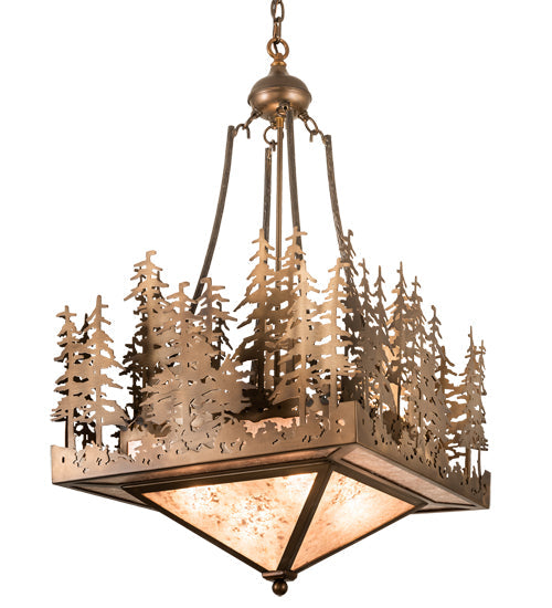 Meyda Lighting Pine Lake 20"Sq 4-Light Antique Copper Inverted Pendant Light With Silver Mica Shade Glass