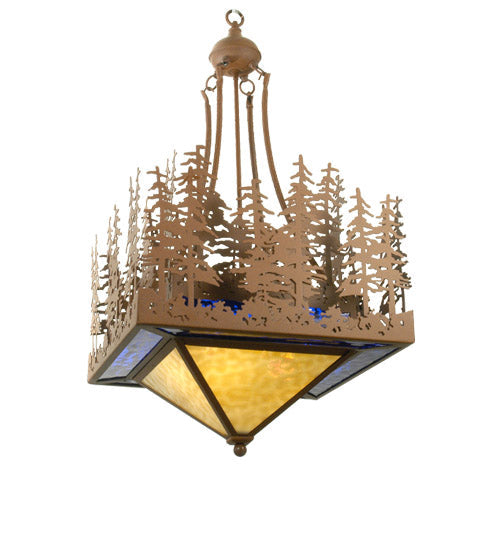 Meyda Lighting Pine Lake 20"Sq 4-Light Rust Inverted Pendant Light With Beige Opal & Blue Water Shade Glass