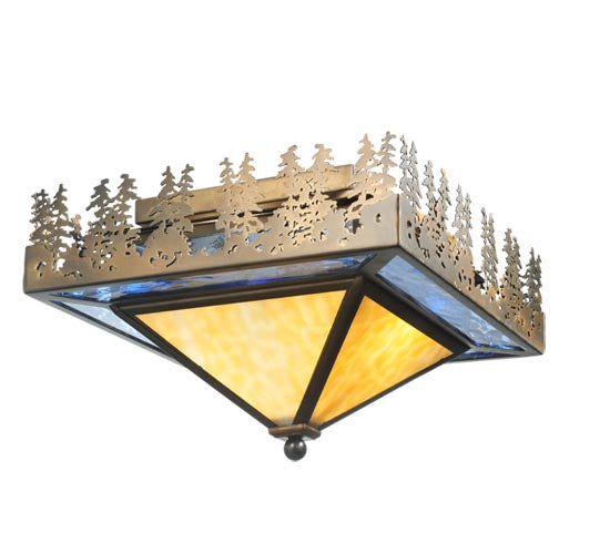 Meyda Lighting Pine Lake 23" 2-Light Antique Copper Flush Mount Light With Blue & Beige Shade Glass