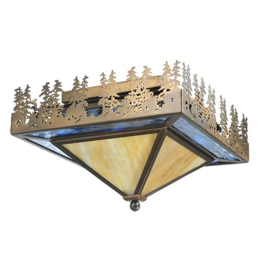 Meyda Lighting Pine Lake 23" 2-Light Antique Copper Flush Mount Light With Blue & Beige Shade Glass