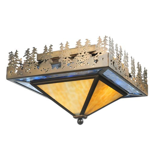 Meyda Lighting Pine Lake 23" 2-Light Antique Copper Flush Mount Light With Blue & Beige Shade Glass