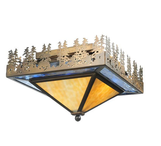 Meyda Lighting Pine Lake 23" 2-Light Antique Copper Flush Mount Light With Blue & Beige Shade Glass