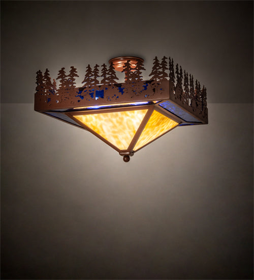 Meyda Lighting Pine Lake 27" 4-Light Rust Flush Mount Light With Blue & Beige Waterglass Shade Glass