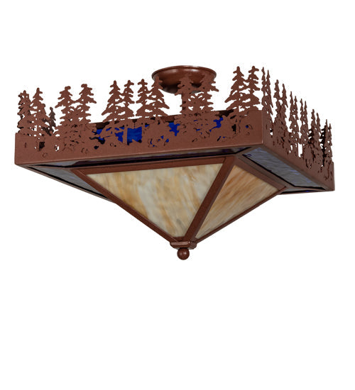 Meyda Lighting Pine Lake 27" 4-Light Rust Flush Mount Light With Blue & Beige Waterglass Shade Glass