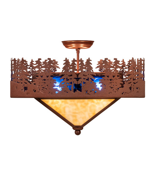 Meyda Lighting Pine Lake 27" 4-Light Rust Flush Mount Light With Blue & Beige Waterglass Shade Glass