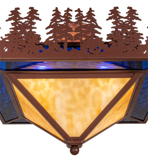 Meyda Lighting Pine Lake 27" 4-Light Rust Flush Mount Light With Blue & Beige Waterglass Shade Glass