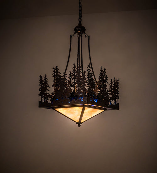 Meyda Lighting Pine Lake 28" 4-Light Copper Vein Inverted Pendant Light With Beige & Blue Art Shade Glass