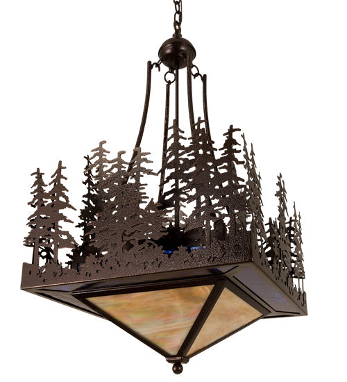 Meyda Lighting Pine Lake 28" 4-Light Copper Vein Inverted Pendant Light With Beige & Blue Art Shade Glass