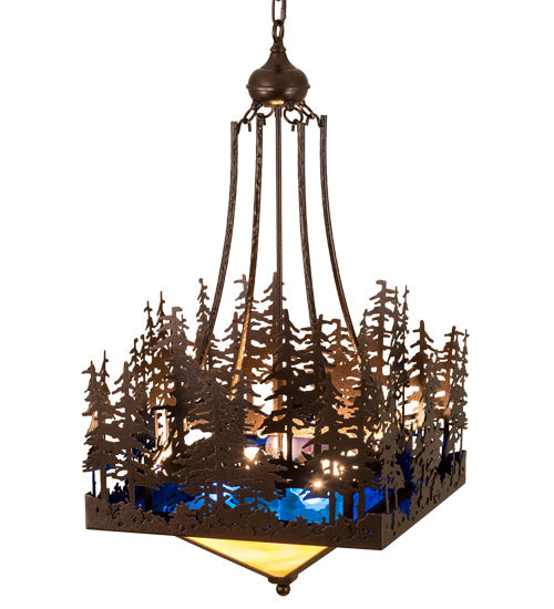 Meyda Lighting Pine Lake 28" 4-Light Copper Vein Inverted Pendant Light With Beige & Blue Art Shade Glass