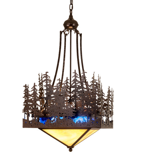Meyda Lighting Pine Lake 28" 4-Light Copper Vein Inverted Pendant Light With Beige & Blue Art Shade Glass