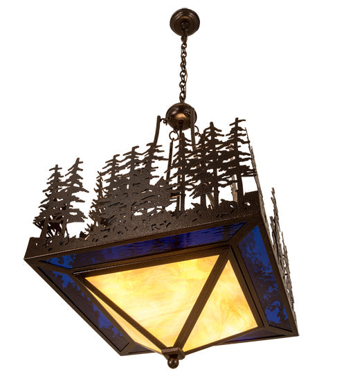 Meyda Lighting Pine Lake 28" 4-Light Copper Vein Inverted Pendant Light With Beige & Blue Art Shade Glass