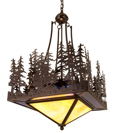 Meyda Lighting Pine Lake 28" 4-Light Copper Vein Inverted Pendant Light With Beige & Blue Art Shade Glass