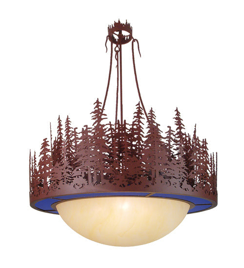 Meyda Lighting Pine Lake 36" 4-Light Rust Inverted Pendant Light With Blue & Beige Shade Glass