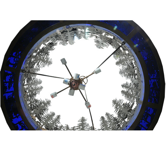 Meyda Lighting Pine Lake 54" 8-Light Antique Copper Inverted Pendant Light With Blue Art Glass & Beige Idalight Shade