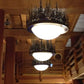 Meyda Lighting Pine Lake 54" 8-Light Antique Copper Inverted Pendant Light With Blue Art Glass & Beige Idalight Shade