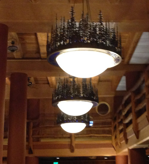 Meyda Lighting Pine Lake 54" 8-Light Antique Copper Inverted Pendant Light With Blue Art Glass & Beige Idalight Shade