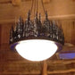 Meyda Lighting Pine Lake 54" 8-Light Antique Copper Inverted Pendant Light With Blue Art Glass & Beige Idalight Shade