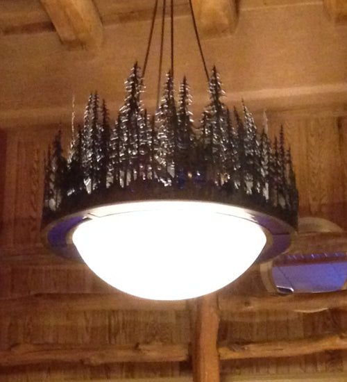 Meyda Lighting Pine Lake 54" 8-Light Antique Copper Inverted Pendant Light With Blue Art Glass & Beige Idalight Shade