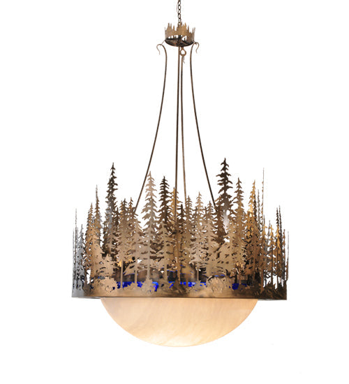 Meyda Lighting Pine Lake 54" 8-Light Antique Copper Inverted Pendant Light With Blue Art Glass & Beige Idalight Shade