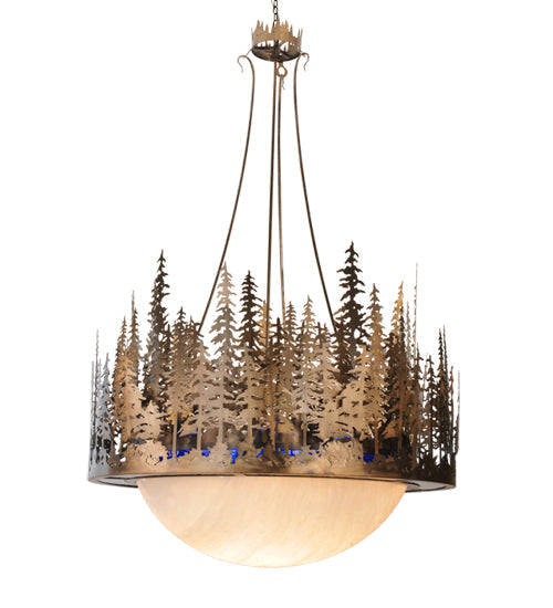 Meyda Lighting Pine Lake 54" 8-Light Antique Copper Inverted Pendant Light With Blue Art Glass & Beige Idalight Shade