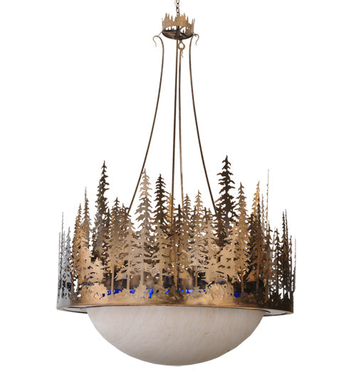 Meyda Lighting Pine Lake 54" 8-Light Antique Copper Inverted Pendant Light With Blue Art Glass & Beige Idalight Shade