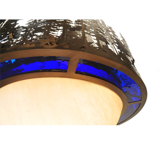 Meyda Lighting Pine Lake 54" 8-Light Antique Copper Inverted Pendant Light With Blue Art Glass & Beige Idalight Shade