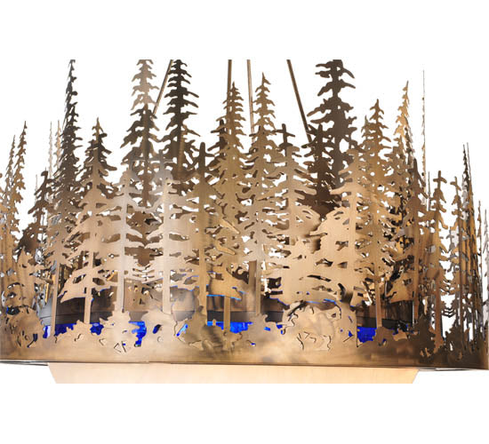Meyda Lighting Pine Lake 54" 8-Light Antique Copper Inverted Pendant Light With Blue Art Glass & Beige Idalight Shade
