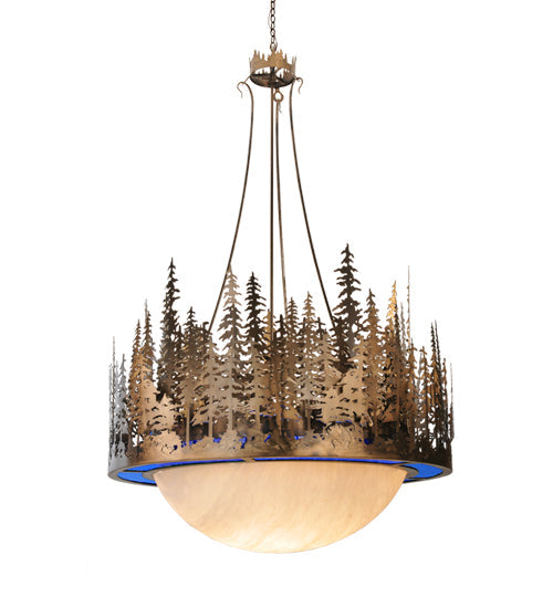 Meyda Lighting Pine Lake 54" 8-Light Antique Copper Inverted Pendant Light With Blue Art Glass & Beige Idalight Shade