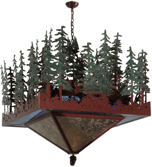 Meyda Lighting Pine Lake 57" 6-Light Rust Inverted Pendant Light With Silver Mica and Blue Art Shade Glass